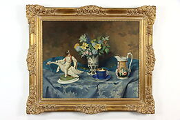 Still Life with Flowers & Porcelain Original Antique Oil Painting 39" #37384