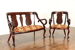Empire Antique Parlor Set, Settee or Loveseat & Chair, New Upholstery #37692