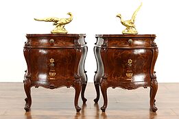 Pair of Bombe & Marquetry Antique Italian Chests, Nightstands, End Tables #36321