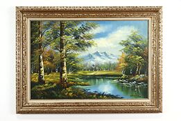 Forest & Snow Capped Mountain, Vintage Original Oil Painting Steiner 45"  #37724