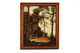 Mountain Picnic Antique Original Oil Painting, ES, Marquetry Frame 18.5" #37857