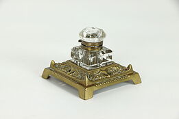 Victorian Antique Brass and Cut Glass Covered Inkwell #38069
