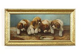 Puppies at Feeding Dish, Antique Original Farmhouse Oil Painting 26" #38128