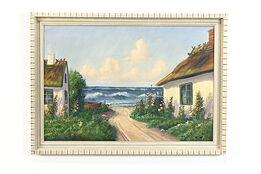 Seaside Cottage Original Vintage Oil Painting, Signed H. B. 31" #38396