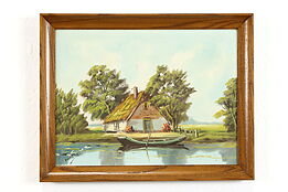 Canoe and Thatched Cottage, Vintage Original Acrylic Painting 18 1/2" #38470