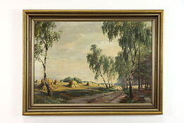 Original Oil Painting, Trees Haystack and Road, Alois Brandenburg, 48"  #38037