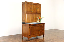 Hoosier Oak Cupboard Antique Farmhouse Kitchen Pantry Cabinet, Enamel Top #38464