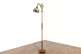 Arts & Crafts Antique Iron Bridge Lamp Gold Finish, Stained Glass Shade #38533