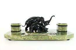 Onyx and Bronze Antique Inkwell and Pen Tray, Elephants Sculpture #38617