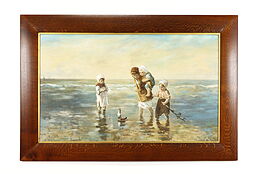 Children & Sailboat at a Beach, Original Antique Oil Painting 60" #38038