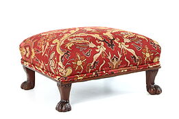 Mahogany Antique Footstool, Carved  Paw Feet, New Upholstery  #38561