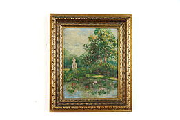 Pond with Lily Pads & Statue Original Antique Oil Painting BM Bell 14" #38440