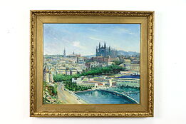 Palma Cathedral Majorca Vintage Original Oil Painting Falk 31.5" #38436
