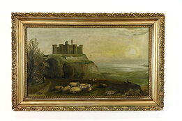 Victorian Original Oil Painting English Seaside Castle & Sheep ELN, 34.5" #38438