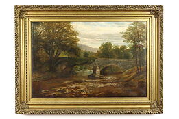 Brathay Bridge in England Antique Original Oil Painting Mitchell, 45.5" #38804