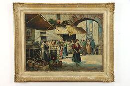 Italian Market Scene Original Vintage Oil Painting, Vincenzo Ciappa, 39" #38809