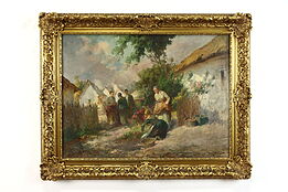 Villagers Cutting Flowers Vintage Original Oil Painting, Agoston Acs 38" #38814