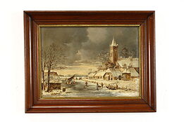 Frozen Lake & Snowy Landscape Antique Original Oil Painting Signed DL 23" #38815