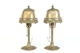Pair of Antique 1910 Boudoir Lamps, Stained Glass Panel Shades #38823