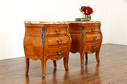 Pair of Vintage Italian Bombe Marble Top Marquetry Chests or Nightstands #34199