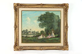 Picnic by a River Vintage Original Oil Painting, Charles Rigg 32" #38808
