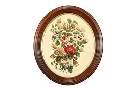 Victorian Antique, Rose and Violet Needlepoint, Oval Walnut Frame, 30" #39035