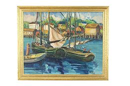 Fishing Boats Harbor Scene Antique Original Oil Painting, G. Solomon 23" #38367
