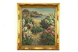 Ocean Shore & Flowers Original Antique Oil Painting 24" #38370