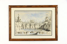 Warsaw Polish Royal Palace Original Vintage Watercolor Painting, 30.5" #38861