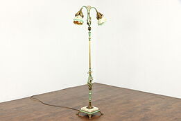 Onyx Base Antique Hand Painted Brass & Iron Floor Lamp, Art Glass Shades #39137