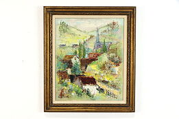 Village Springtime Scene Vintage Original Oil Painting, L. Loursel  28" #39152