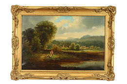 English Scene with Children Original Antique Oil Painting Hargreaves, 37" #38371
