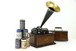 Edison Antique Oak Standard Gem Phonograph, Brass Horn, Cylinder Records #38974
