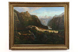 Mountain Stream Landscape, Original Vintage Oil Painting, Roch Hand 56" #39089