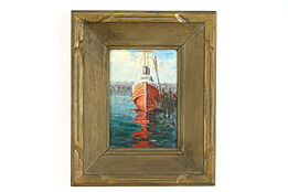 Ship at Dock Original Antique Oil Painting on Board Painting, Gross 17.5" #39268