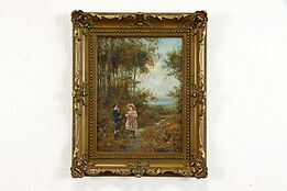 Children on Path, Original Antique Victorian Oil Painting, Martin 22.5" #39270