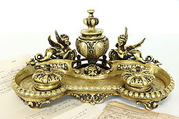 Classical Antique Brass Triple Inkwell with Sphinx Figures  #39281