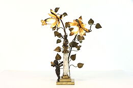Cherub or Angel Antique Newel Post Lamp, Brass & Iron, Marble Column  #39285