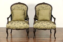 Pair Country French Carved Walnut 1930's Vintage Chairs, New Upholstery