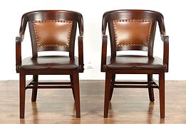Pair of Antique 1915 Mahogany Banker Office or Library Chairs, Leather Backs