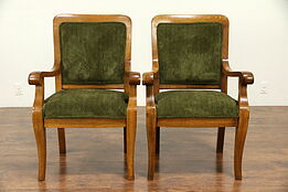 Pair Oak Antique Library Chairs, New Upholstery, Heywood Wakefield #30151