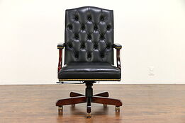 Leather Swivel Adjustable Desk Chair, Cherry Base, Brass Nails, Jasper #30615