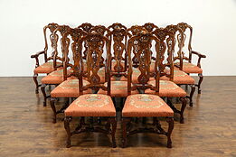 Set of 14 Carved Mahogany Vintage Dining Chairs, Tapestry Seats #33210