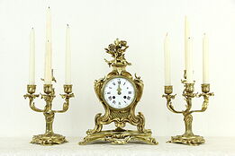 Bronze Antique French Mantel Clock & Candelabra Set, Japy Freres #34426