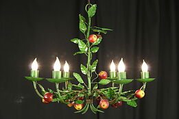 Italian Wrought Iron Vintage 6 Light Chandelier, Hand Painted Apples