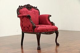 Mahogany Antique Chair with Carved Face, New Upholstery, Karpen #29288