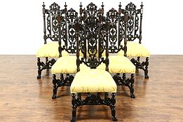 Set of 6 Renaissance Carved Walnut 1915 Antique Dining Chairs, New Upholstery