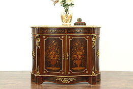 Rosewood Marquetry Console Cabinet, Angel Cherub Mounts, Marble Top, Italy