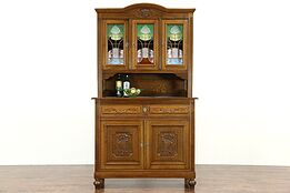 Oak Scandinavian 1910 Antique Sideboard & China Cabinet, Stained Glass Doors
