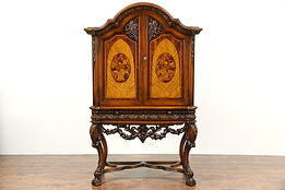 Renaissance Carved 1925 Antique China or Wine Cabinet, Marquetry & Grapevines